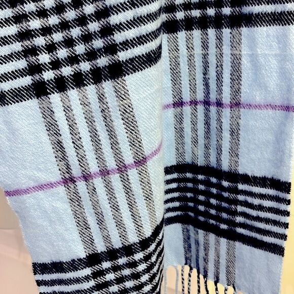 100% Cashmere Unisex Blue Plaid Tassel Winter Scarf 72” by 12.5” - Picture 4 of 12